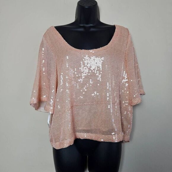 Free People Night Fever Peach Sequin Blouse - Picture 2 of 12